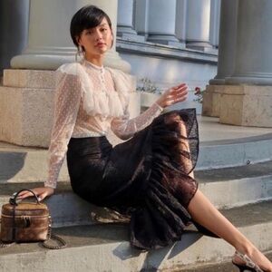 SANDRA MANSOUR X H&M Embroidered Organza Skirt Womens Size 4 Black Floral